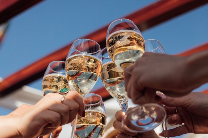 Group of hands raising wine glasses in a toast against a blue sky background.