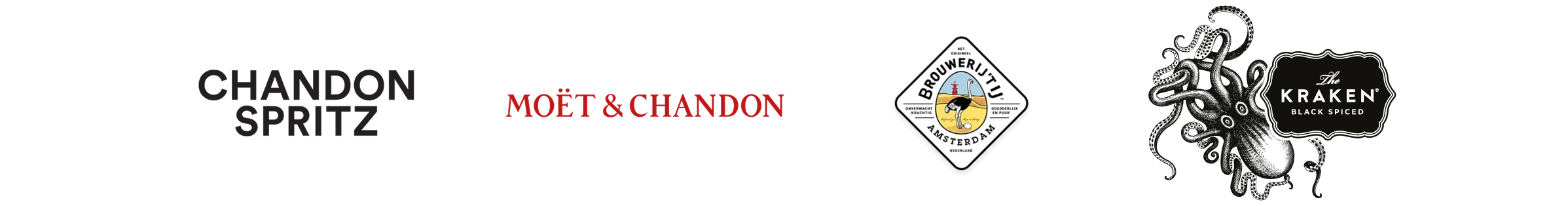 Logos of Chandon Spritz, Moët & Chandon, a nautical-themed logo, and The Kraken.