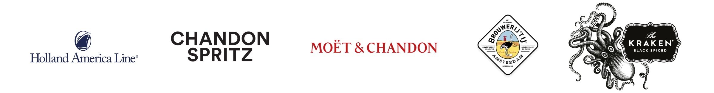 Logos: Holland America, Chandon Spritz, Moet & Chandon, Blue Chair Bay, Kraken Rum.